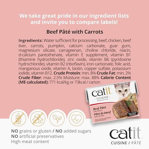 Catit Cuisine Pâtée pour Chats, Pâté à la Viande de Bœuf et aux Carottes, Aliment Complet, 95 g, sans Céréales, Haute Teneur en Viande
