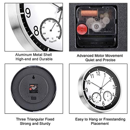 ALEENFOON 12 Pouces Horloges Murales Silencieuse de Salon Cuisine Modernes Design Pendules Murales 30cm Humidite Temperature Thermomètre Horloge à Quartz Suspendue Horloge Murale en Métal