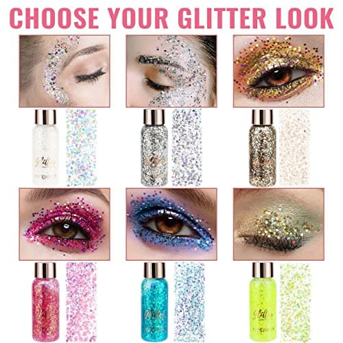 Royouzi Paillettes Visage, Glitter Body Gel, 6 Bouteilles Sirène Paillettes, Chunky Glitter Liquide Gel, 6 Couleurs Maquillage Glitter pour Fard à Paupières, Festival, Fête, Noël, Pâques, Maquillage