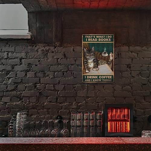 GLOBLELAND Les Chats lisent des Livres en métal rétro d'art Panneaux d'affiches rétro Je lis Un Livre pour Boire Un café Les Murs en métal décorés en Fer 8x12inch adaptées à la Cuisine décoration