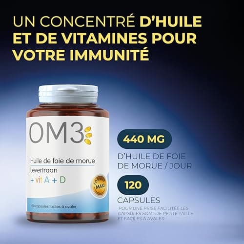 OM3 - Huile de Foie de Morue, Vitamine A et D -Défenses immunitaires - Vision -Ossature normale - Maxi format -120 capsules