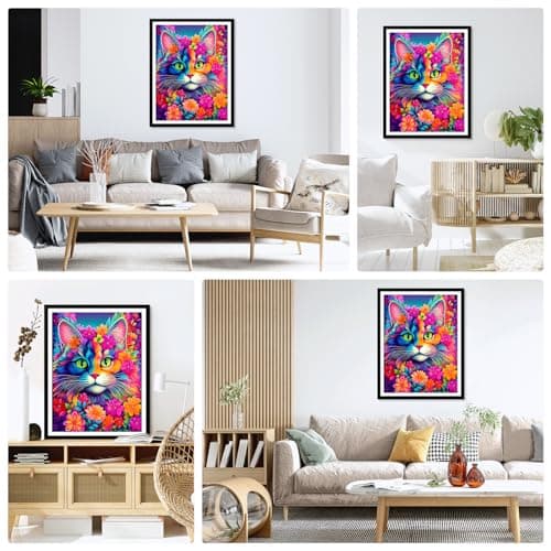 DAERLE Chat coloré Peinture Diamant, 5D Diamond Painting Complet Chat, Diamant Strass Point de Croix Cristal Painting Diamant Kit Enfants Animal Painting pour Murale Décoration 30x40cm