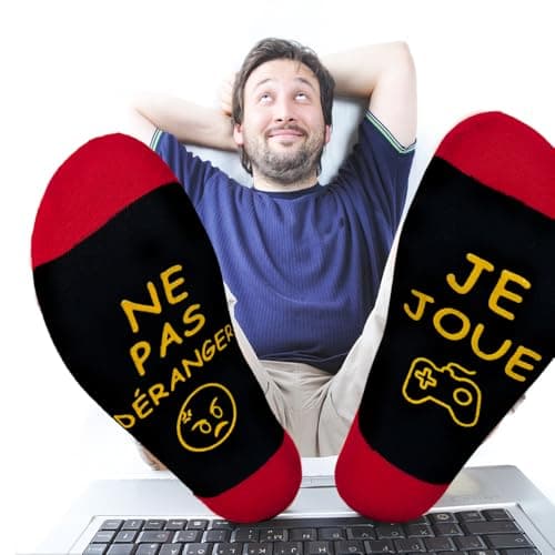 FLYWIND Chaussettes Humoristiques Homme 43-46 Cadeau Homme Chaussette Fantaisie Humour Rigolo Drôle Anniversaire Noël Papa (FR/ES, Numérique, 43, 46, Taille normale, Taille normale, ROUGE-JEUX)