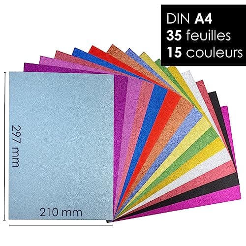 OfficeTree 35x Papier Pailleté A4 250g/m2 - 15 Couleurs - Feuille Pailletée de Bricolage et Scrapbooking - Non Autocollant - Papier Cartonné Pailleté - Papier Brillant - Papier Decoratif