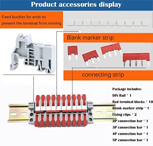 Bornier Electrique, CTRICALVER Kit de Bornier de Rail DIN, 10 pcs Bornier (rouge), Avec Bande de Repérage, Bande de Connexion (2/3/4/5 Pin) et Module Fixe