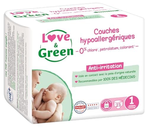 Love & Green - Couches Bébé Saines et Ecologiques - Taille 1 (2-5 Kg) - Pack 1 Mois (138 Couches) - Absorbante, anti-fuites et sans ingrédients indésirables