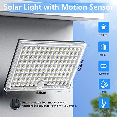 Realky Lampe Solaire Extérieur Détecteur de Mouvement, Lumière Solaire Extérieure Puissante 113 LED 2000mAh 4 Modes étanche IP65, Eclairage Solaire Exterieur avec Câble 5M, 1 Pièce