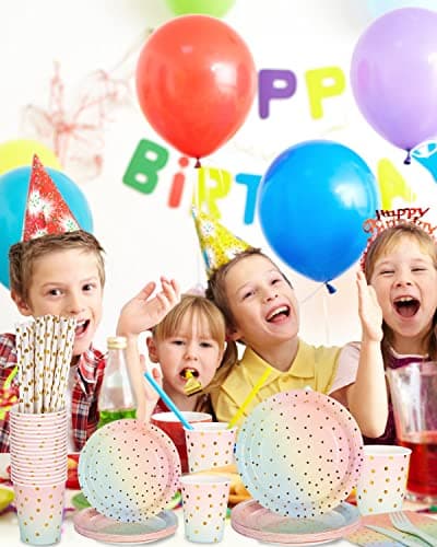 Vaisselle Jetable Anniversaire Pastel, 125 Pièces Vaisselle Jetable Decoration Anniversaire Set Comprendre Assiettes en Papier, Serviettes, Paille, Tasses pour Douche Nuptiale, Fiançailles, Mariage
