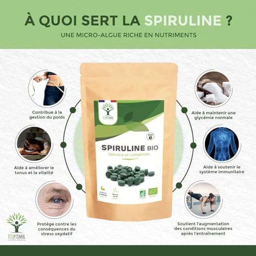Spiruline Bio - Bioptimal - Complément alimentaire - BCAA Fer Vitamine A - 65% de Protéine - 17% de Phycocyanine - 500 mg/comprimé - Conditionnée en France - Certification Ecocert - 600 comprimés