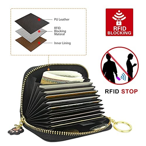 conisy Mignon Porte Cartes de Crédit en Cuir pour Femmes, Protection RFID Petit Portefeuille Fermeture Eclair avec Porte-clés (Chat Noir)