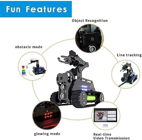 Adeept RaspTank Kit de Voiture Robot Intelligent sans Fil WiFi pour Raspberry Pi 4/3 modèle B+/B, Robot Suivi de réservoir avec Bras robotique 4-DOF, Suivi de Cible OpenCV, Transmission vidéo