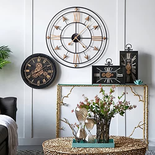 Yumyolk Horloge Murale Ronde, 60 cm, Silencieuse, Fonctionnement à Piles, Lunette Noire, Aiguilles Or, Chiffres Romains Or
