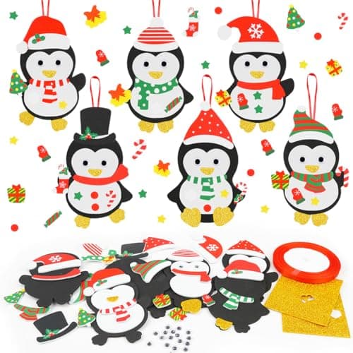 Kit Bricolage Noel Enfant, 12Pcs Pingouin Suspendue de Noël, Activites Manuelles Noel Enfants, Autocollants en Mousse Pendentif Créatif DIY pour Décoration Arbres de Noël, Fenêtres