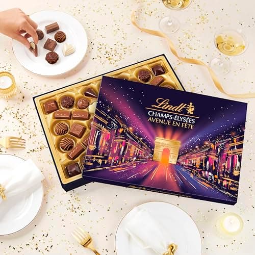 Lindt - Boîte CHAMPS-ÉLYSÉES Édition Avenue en Fête - Assortiment de Chocolats au Lait, Noirs et Blancs - Pralinés, Croustillants et Onctueux - Idéal pour Noël, 467g