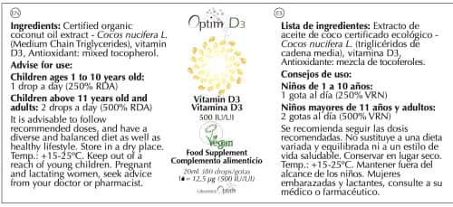 Vitamine D3 naturelle en gouttes supplément | vitamine D enfants - bébé – adultes – femme enceinte | 500 UI par goutte - Flacon 20ML | Vitamine D Végétale Vegan Lichen - huile de coco | Optim D3