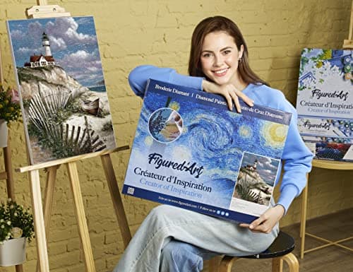 Figured’Art Diamond Painting Broderie Diamant 40x50cm Avec Cadre Toile Tendue Strass Perles Carrés - Bord de Mer - Kit Complet Paysage 5D DIY Activité Manuelle Loisirs Créatifs Adultes