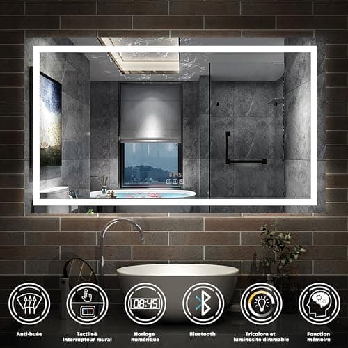 AICA Miroir de Salle de Bain LED avec Bluetooth 140x80cm, Miroir Lumineux avec Horloge + 3 Couleurs + Dimmable + Anti-buée,Miroir Mural Interrupteur Tactile Étanche