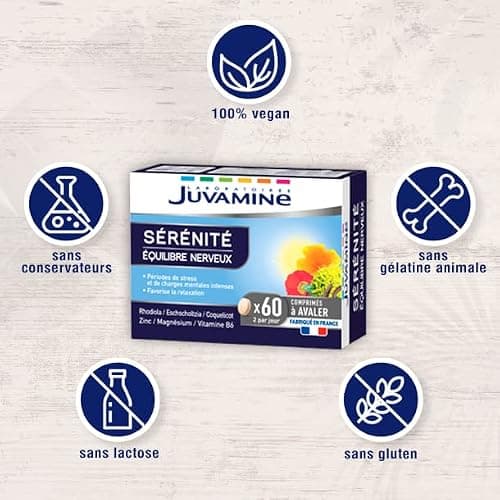 JUVAMINE - Sérénité - Équilibre Nerveux - Favorise La Relaxation et La Détente - A Base de Plantes et Minéraux - Magnésium, Vitamine B6, Rhodiola - 60 Comprimés - Fabriqué en France