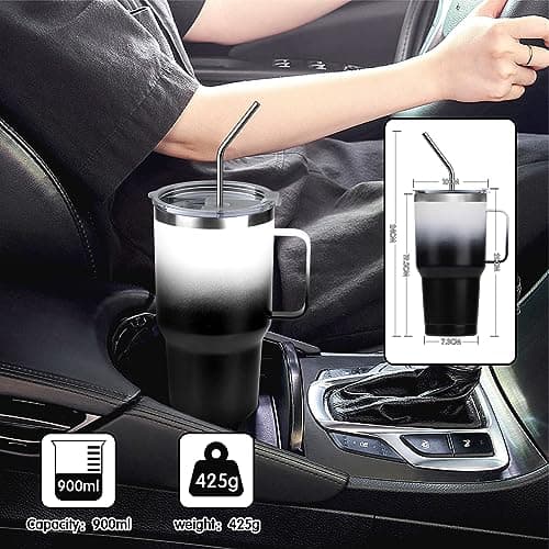 NIKYJM Mug Isotherme 900ml 30oz, Tasse a Cafe Acier Inoxydable avec Poignée, Tasse Isotherme Double Isolée Sous Vide avec Paille et Brosse pour Chaud et Froid