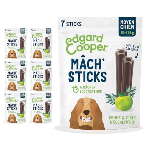Edgard Cooper Friandises Pour Chien, (Eucalyptus & Pomme, 7 bâtons x 8), Moyen, Un par Jour, Faible en Calorie, Mastication Longue Efficace, Haleine Fraîche