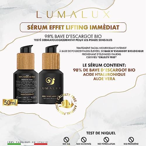 Lumalux COMBOPACK soins pour le visage - serum acide hyaluronique 98% de bave d’escargot 50ml et crème bave d'escargot BIO à 75% 50ml - Acide Hyaluronique, Aloe Vera, Vitamine E