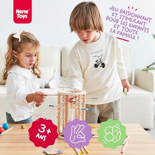 Nene Toys BALLFALL, Jouet Montessori pour Enfants 3+ Ans - Jeu de Société en Bois avec Bâtonnets Colorés, Dés & Cartes - Jeu de Société Éducatif et Familial pour Garçons et Filles de 3 à 9 Ans