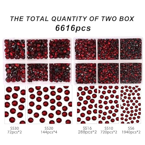 YHMQ DU 6616 Pièces Chemise en Tissu de Verre Cristal Strass Hotfix Rouge Foncé pour Vêtements Dos Plat Étincelant Rond avec Pince à Épiler et Stylo pour Collection (Ensemble SS6 ~ SS30)