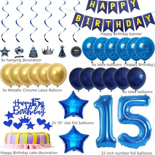 ballons 15 ans anniversaire garcon décoration bleu or 15 ans garcon anniversaire ballon, Happy Birthday guirlande bannière bleu ballon anniversaire 15 ans garcon Décoration 15 ans garcon ballon or