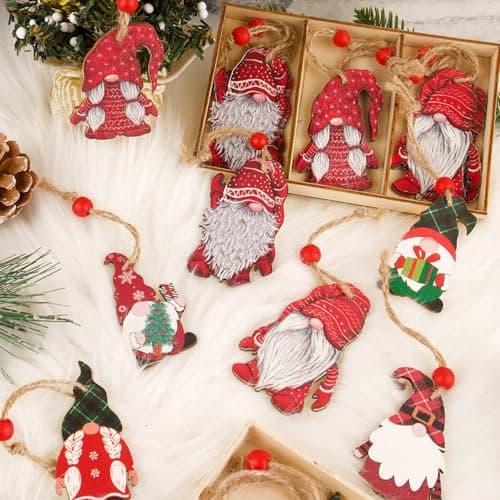 21PCS Décorations de Noël Ornement Pendentif en Bois Gnomes de Noël avec Corde et Perle Ornements à Suspendre avec Boîtes de Rangement Décoration Sapin Chambre Cadeau de Noël