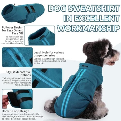 PUZAUKAL Pull pour Petit Chien,Pull-Overs pour Chien et Chat en Polaire Doux Veste Gilet Chien avec Harnais Pull Chaud pour Moyen Grand Chien Bleu Paon(S)