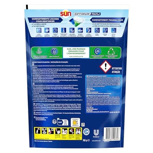 SUN - Optimum Pastilles Lave-Vaisselle Tout en 1-52 capsules - nettoyage impeccable - brillance éclatante - tablettes efficaces même en cycle court