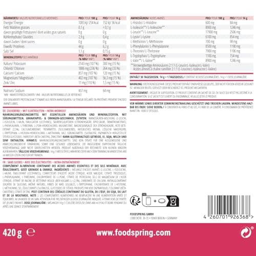 foodspring EAA Poudre avec électrolytes pour pre-workout et musculation - avec tous les acides aminés - sans sucre & sans lactosérum (420g | 30 portions | 1 cuillère doseuse = 14g | Grenade et Orange)