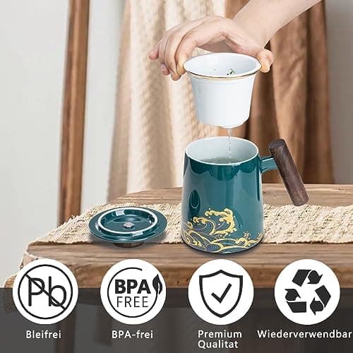 DISDADA Cup Tasse À Thé En Céramique Avec Infuseur et Couvercle Pour Infuser All-in-One Idéale Pour Café ou Feuilles de Thé, Pour la Maison ou le Bureau (Color : Vagues vertes foncées)