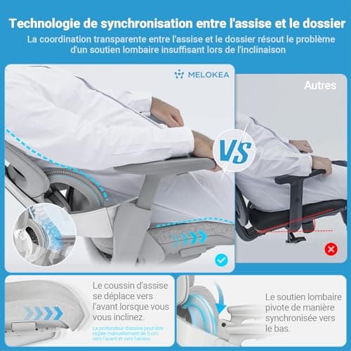 MELOKEA Chaise Ergonomique 200Kg, Chaise Bureau avec Soutien Lombaire Dynamique, Accoudoirs 4D, Réglable en Hauteur, Profondeur D'assise Ajustable, en 1335, Fauteuil Bureau Confortable, Siege Bureau