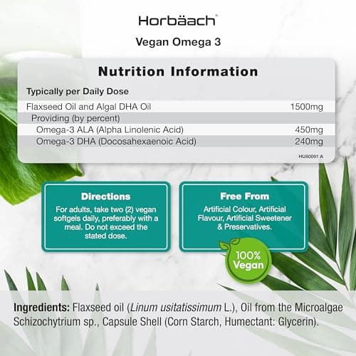Omega 3 Vegan 1500 mg | Dérivé Huile d'Algues | Source de DHA et d'ALA | 60 Gélules Végétaliennes | de Horbaach