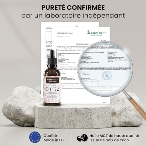 Vitamine D3+K2 Gouttes (50ml) - 1000 IE par Goutte testée en laboratoire - Longue Conservation avec 1700 gouttes - dans de l'huile MCT de Noix de Coco Naturelle, Cholécalciférol Liquide