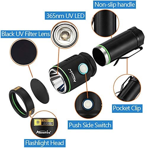 Alonefire X901UV 10W 365nm Lampe Torche UV LED Puissante Rechargeable USB Ultraviolet Lumière Noire Détecteur D'urine pour Résine, Peinture, Fluoresceine avec Lunettes de Protection UV, Pile Incluse