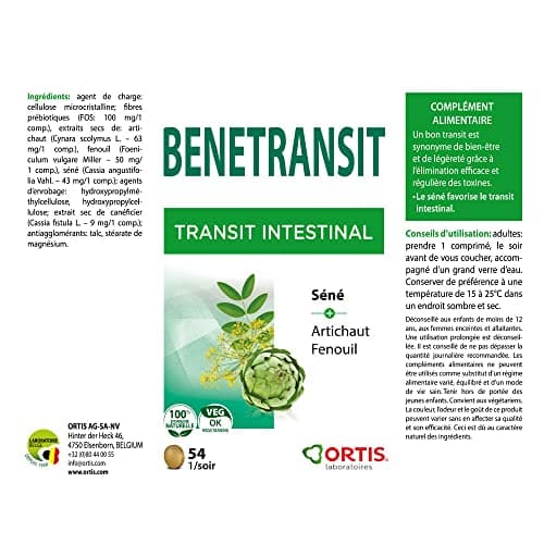 LABORATOIRES ORTIS – BENETRANSIT - Favorise le Transit Intestinal grâce aux extraits de Séné, d’Artichaut & de Fenouil - Ingrédients 100 % d’Origine Naturelle - 54 Comprimés - 20 g