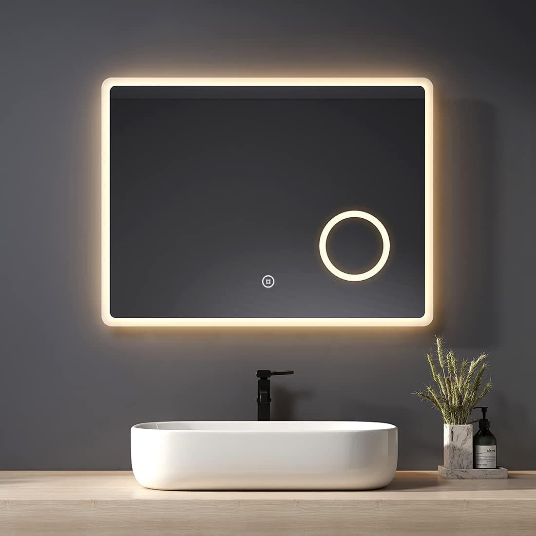 Heilmetz Miroir Salle de Bain 80 x 60 cm, Miroir Salle de Bain avec eclairage, Interrupteur Tactile, Anti-buée, Loupe 3X, 3 Couleurs de lumière, Horizontal/Vertical, Fonction Mémoire