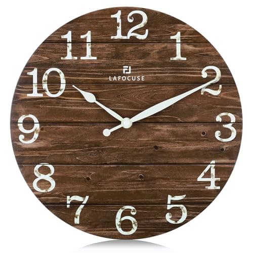 Lafocuse Horloge Murale Bois Silencieuse Retro, Rustique Vintage Pendule Murale Marron, Shabby Chic Deco sans Tictac Maison Salon Cuisine Chambre Bureau 30cm