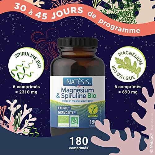 Natésis - Magnésium & Spiruline Bio COMPLEXE UNIQUE ANTI FATIGUE - Superaliment, énergie, immunité, sport - 180 comprimés