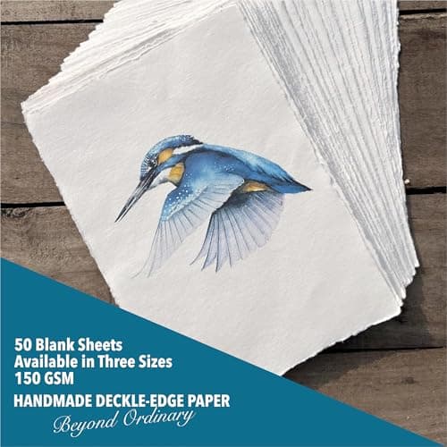 Papier Mixte A5 Crème Fait À La Main Avec Bord Frangé - 21 X 15 cm - 150 GSM - Papier Texturé Coloré Pressé À Froid Fabriqué Avec Du Coton Recyclé Pour Invitations - 50 Feuilles