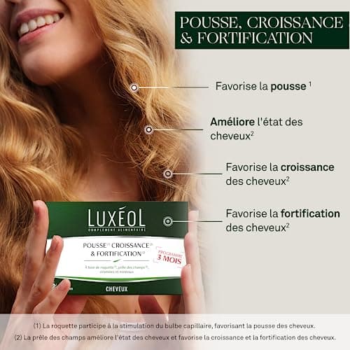 LUXÉOL - Pousse Croissance & Fortification - Complément Alimentaire - Roquette, Prêle Des Champs, Zinc, Cuivre, Sélénium, Vitamine B8 & B6 - Fabriqué En France - Programme Cheveux 3 Mois - 90 Gélules