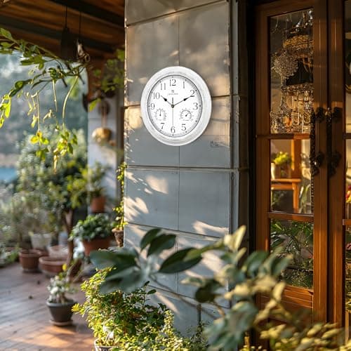 Lafocuse 30cm Horloge Murale Exterieure Etanche avec Thermomètre et Hygromètre, Vintage Blanc Pendule Murale Retro, Silencieuse Shabby Chic Deco pour Extérieur, Jardin, Balcon, Salle de Bain, Cuisine