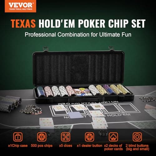 VEVOR Mallette de Poker 500 Jetons de Poker en Argile et ABS 14 g 40x3,3 mm avec 2 Jeux de Cartes Texas Hold'em 1 Bouton de Croupier et 2 Boutons Blind pour Blackjack Jeux de Hasard Casino à Domicile