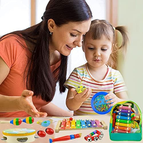 27pcs Instruments de Musique Musicaux pour Enfants, Kikuo Bois Percussion en Bois pour Bébé, D'instruments de Musique pour Les Tout-Petits - Favorise Le Développement Précoce - Sac à Dos Inclus