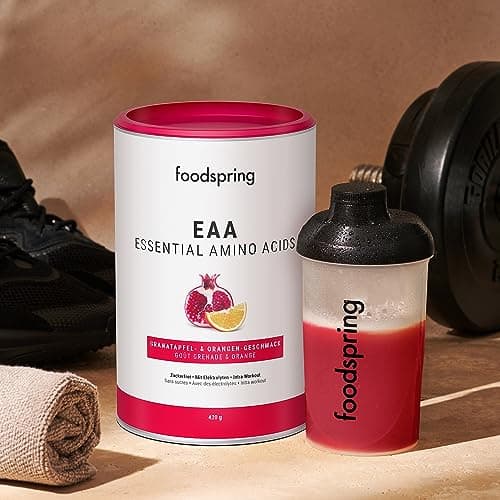 foodspring EAA Poudre avec électrolytes pour pre-workout et musculation - avec tous les acides aminés - sans sucre & sans lactosérum (420g | 30 portions | 1 cuillère doseuse = 14g | Grenade et Orange)
