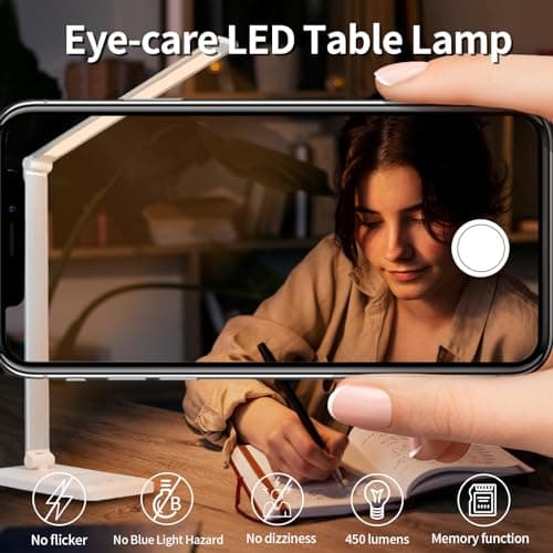 LQWELL® Lampe de Bureau LED À IntensitÉ Variable, 5 Couleurs, 10 Niveaux de LuminositÉ, Lampe de Chevet Respectueuse des Yeux, Chargement USB, Contrôle Tactile Et Fonction MÉMoire Pour Le Bureau