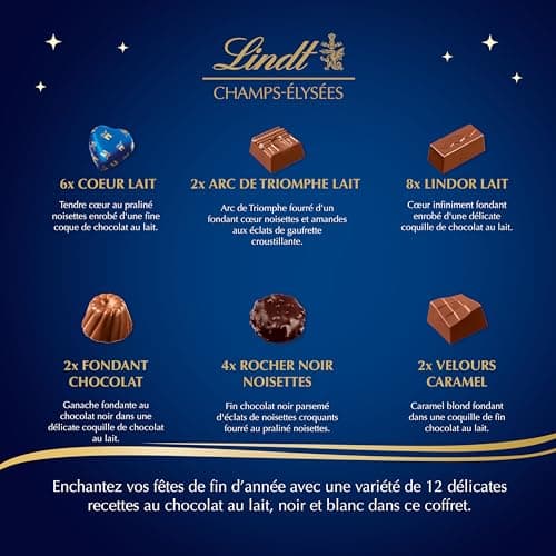 Lindt - Boîte CHAMPS-ÉLYSÉES Assorti - Assortiment de Chocolats au Lait, Noirs et Blancs - Pralinés, Croustillants et Onctueux - Idéal pour Noël, 469g