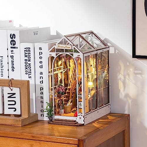 ROBOTIME Book Nook Maison de Poupée en Bois, DIY Miniature, Modèle de Maison Puzzle avec Lumières LED, Maison, Décoration de Bibliothèque, Cadeau de Vacances (Maison de Fleurs de Vacances)